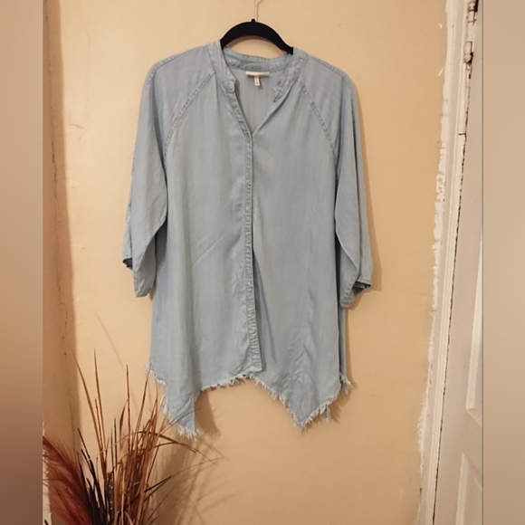 Hester And Orchard Light Blue Women's Button Up 100% Tencil Raw Hem Top Size L - Picture 1 of 9